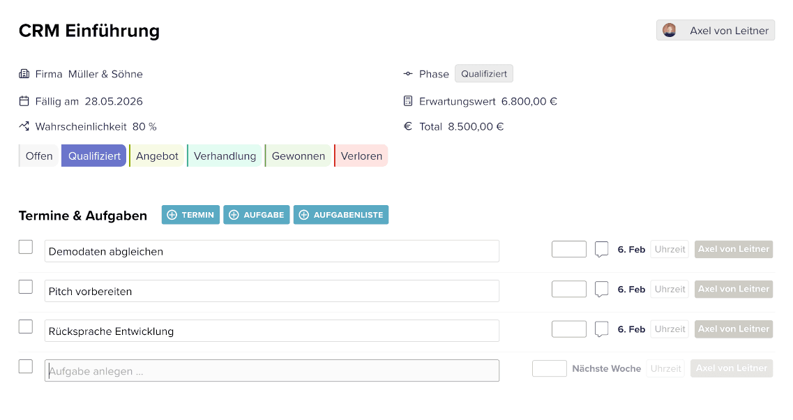 Die Detailansicht eines Deals bei CentralStationCRM.