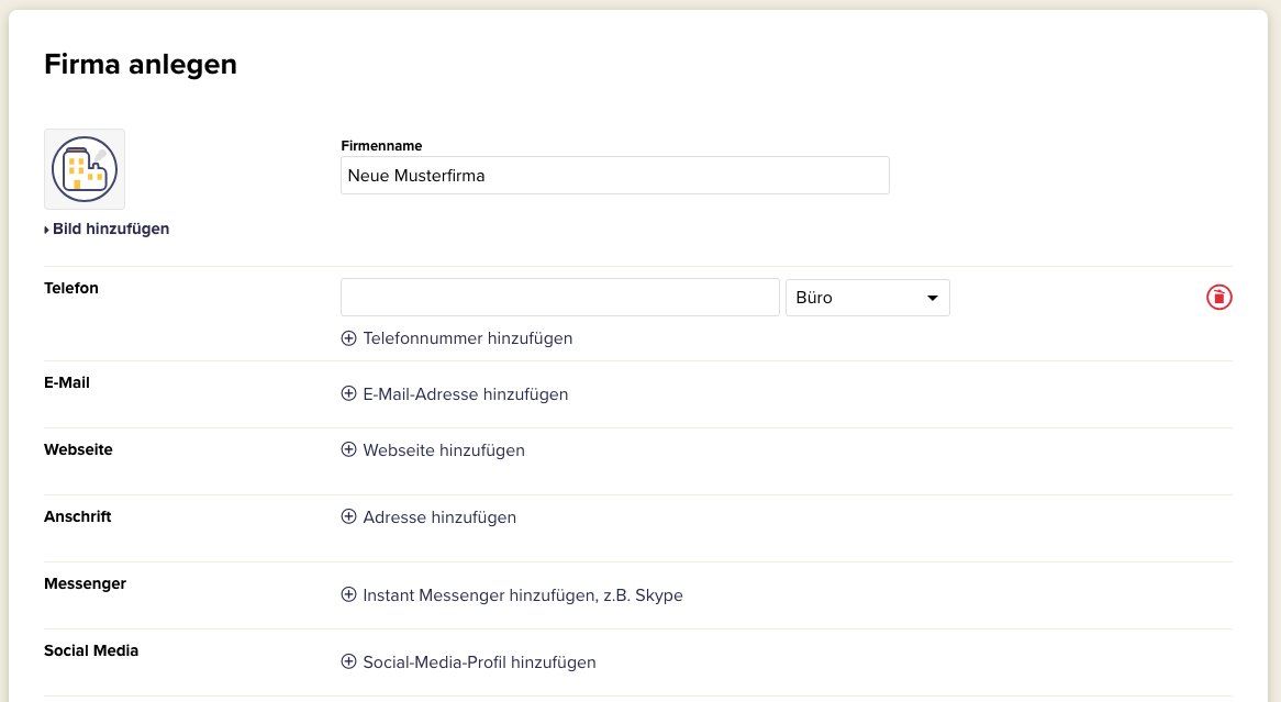 Die Ansicht, in der man in CentralStationCRM eine neue Firma anlegt.