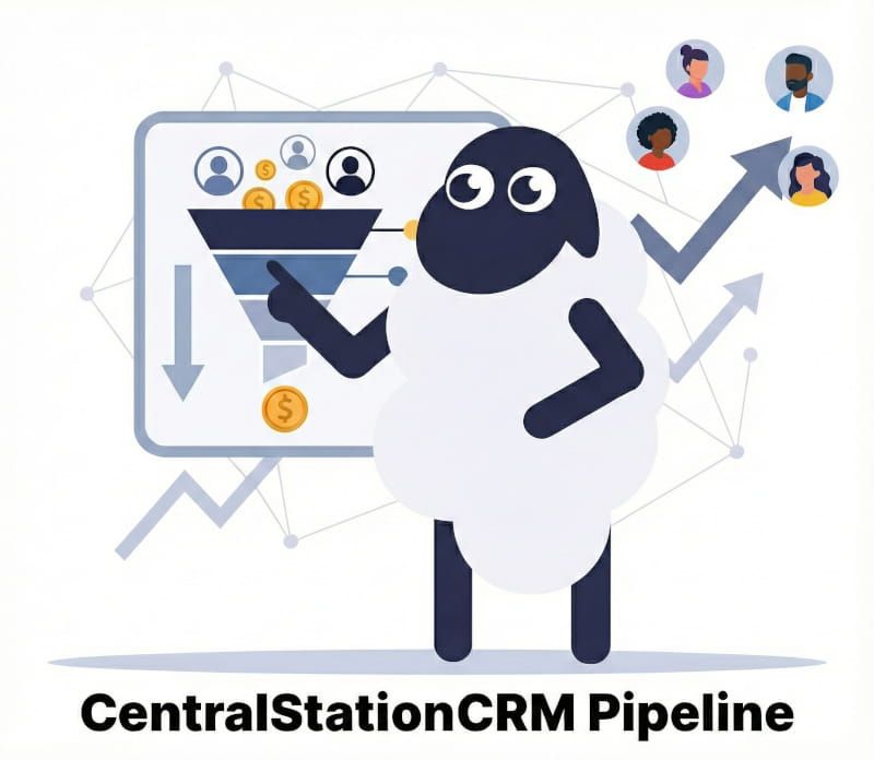 Das Schaf Ruby Mäh zeigt auf eine CRM Pipeline, die zu neuen Kontakten und Erfolg führen wird.