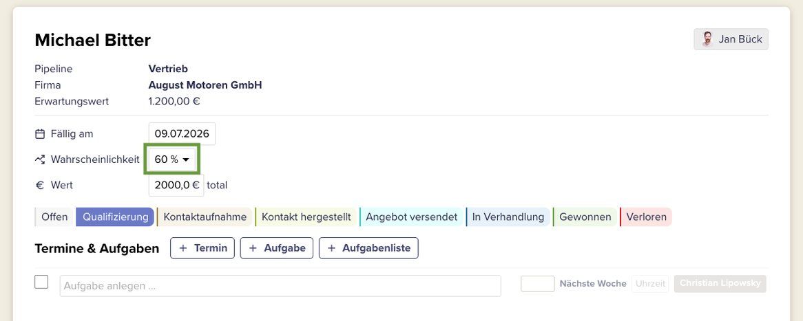 Die Detailseite einer Chance in der Pipeline von CentralStationCRM. Die Möglichkeit, eine Wahrscheinlichkeit für erfolgreichen Abschluss einzustellen, ist markiert.