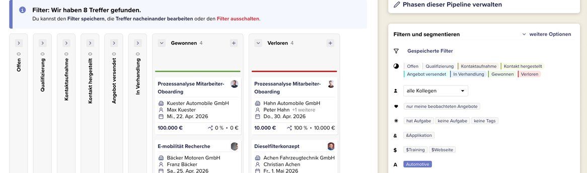 Eine Pipeline in CentralStationCRM, bei der der Filter "Automotive" über Tags aktiviert wurde.