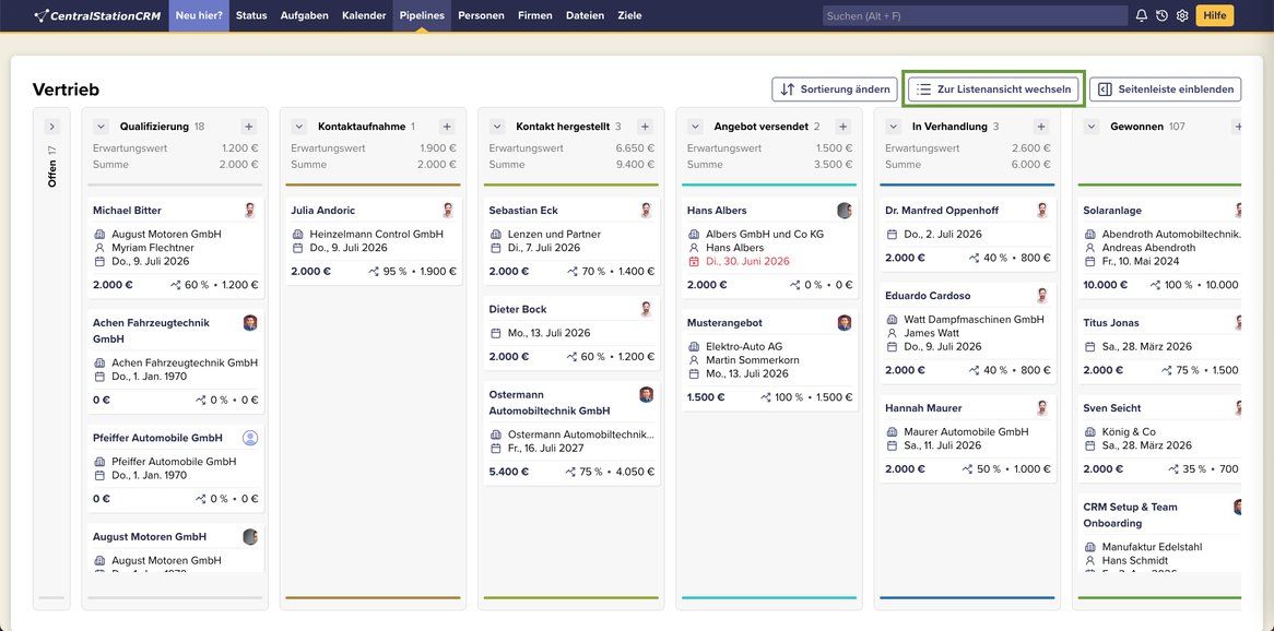 Die Vollbild-Pipeline-Ansicht von CentralStationCRM. Der Button "Zur Listenansicht wechseln" ist markiert.