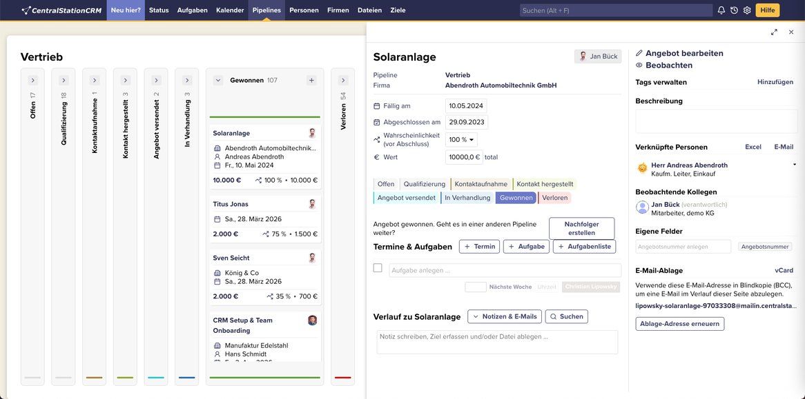 Das Pipeline Overlay von CentralStationCRM.