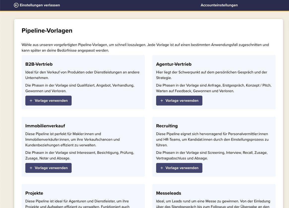 Die verschiedenen Vorlagen für Pipeline-Phasen in CentralStationCRM.