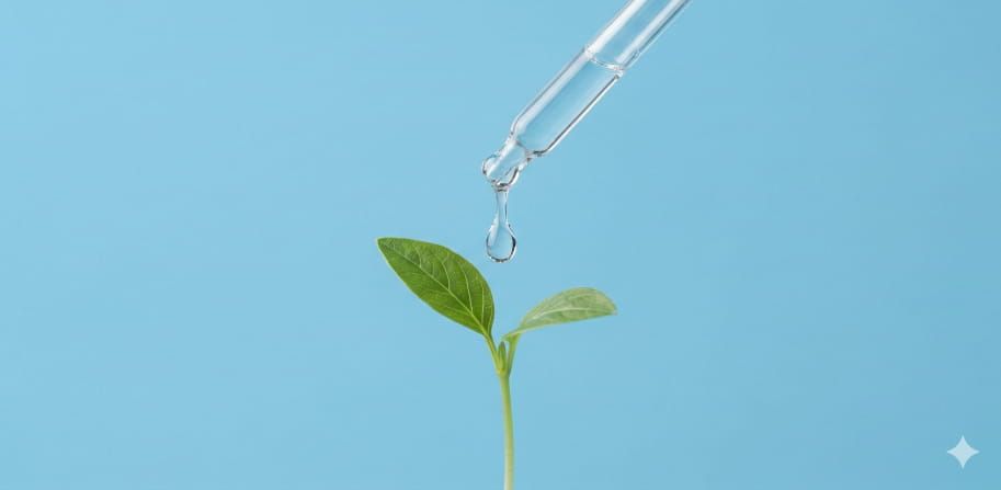 Metapher für ERfolg im Vertrieb: Close-Up eines grünen Keims, der mit einer Pipette gegossen wird.