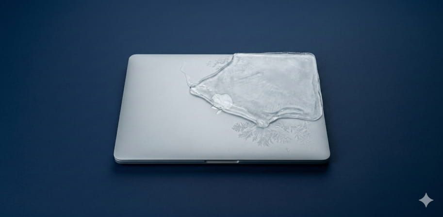 Die Kaltakquise wird 26 noch kälter. Dargestellt durch einen teilweise eingefrorenen Laptop auf blauem Hintergrund.