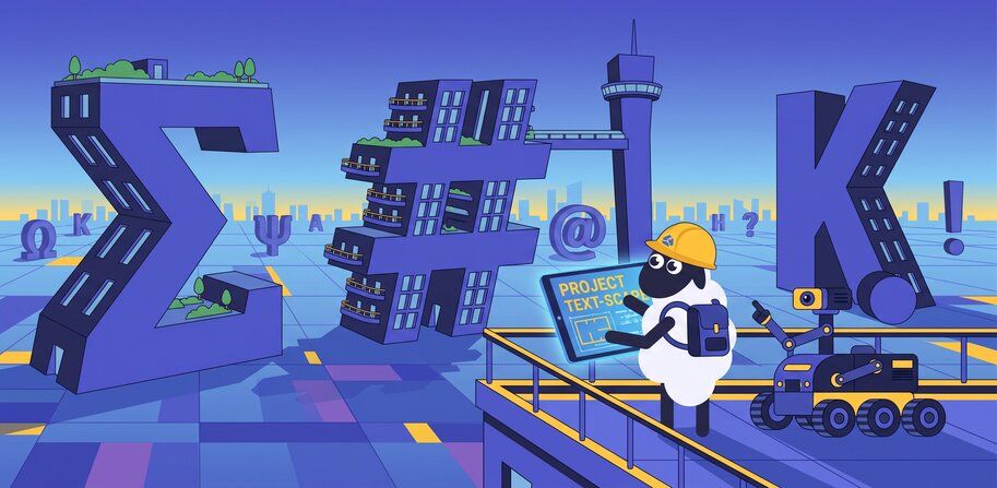 Illustration für die Arbeit mit generativer KI an Texten: Ruby Mäh und ein Roboter arbeiten auf einer Baustelle an riesigen Buchstaben.