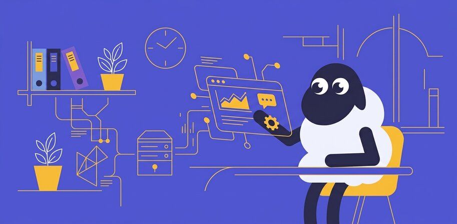Illustration, in der das CentralStationCRM-Maskottchen Ruby Mäh in einem kleinen Unternehmen im Büro am Bildschirm arbeitet. 