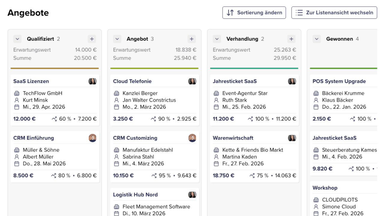 Die Pipeline-Ansicht von CentralStationCRM, der einfachen Vertriebssoftware für kleine Teams.