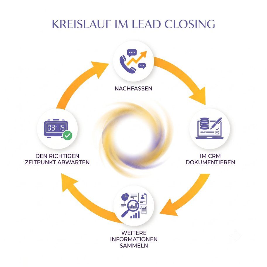 Eine Infografik zum Lead-Closing-Kreislauf. Zu sehen sind vier Punkte "Nachfassen", "Im CRM dokumentieren", "Weitere Informationen sammeln", "den richtigen Zeitpunkt abwarten", die durch kreisförmig laufende Pfeile verbunden sind.