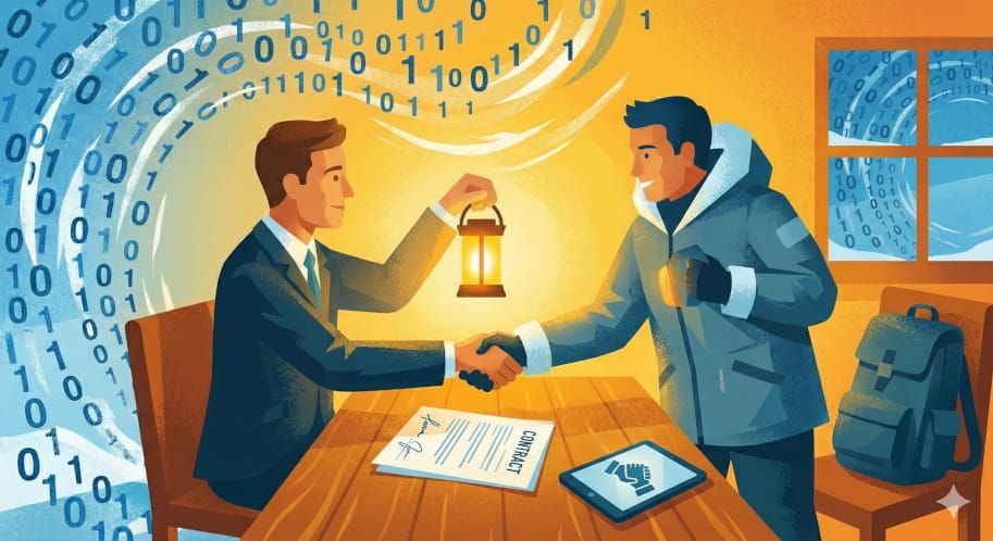 Illustration: Nach langer Reise ist der Vertriebsprofi doch im Gespräch angekommen. Er schüttelt die Hand mit dem Gesprächspartner.