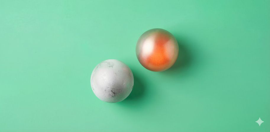 Zwei Kugeln, eine kalt, eine warm, vor grünem Hintergrund. Die warme liegt klar vorne. Metapher für Kaltakquise vs. Warmakquise.