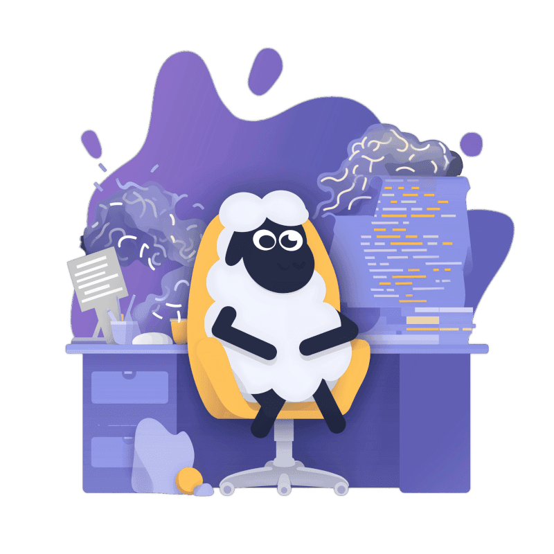 Illustration von Ruby dem Schaf, das ein Problem mit zu viel KI Code hat. Es sitzt auf einem Bürostuhl, während es aus den Bildschirmen qualmt.