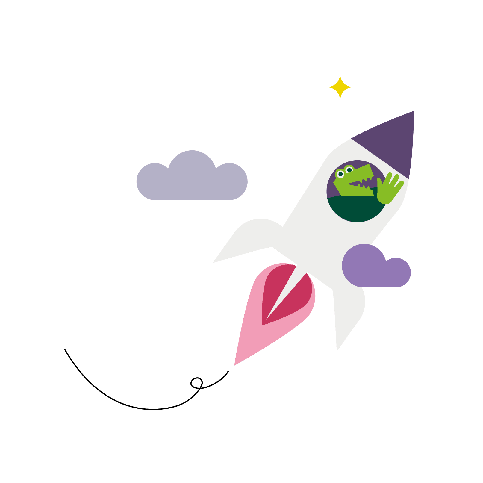 Illustration: snapAddy-Maskottchen Addy fliegt in einer Rakete.